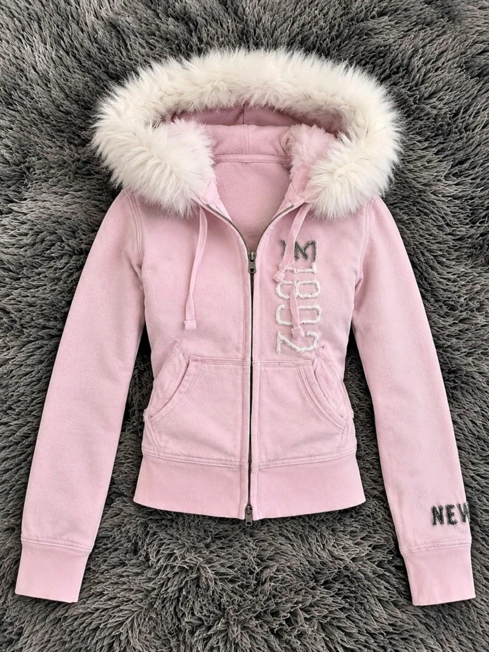 Abercrombie & Fitch 1892 New York Faux Fur Trim Full-Zip Hoodie Pink Faux-Fur